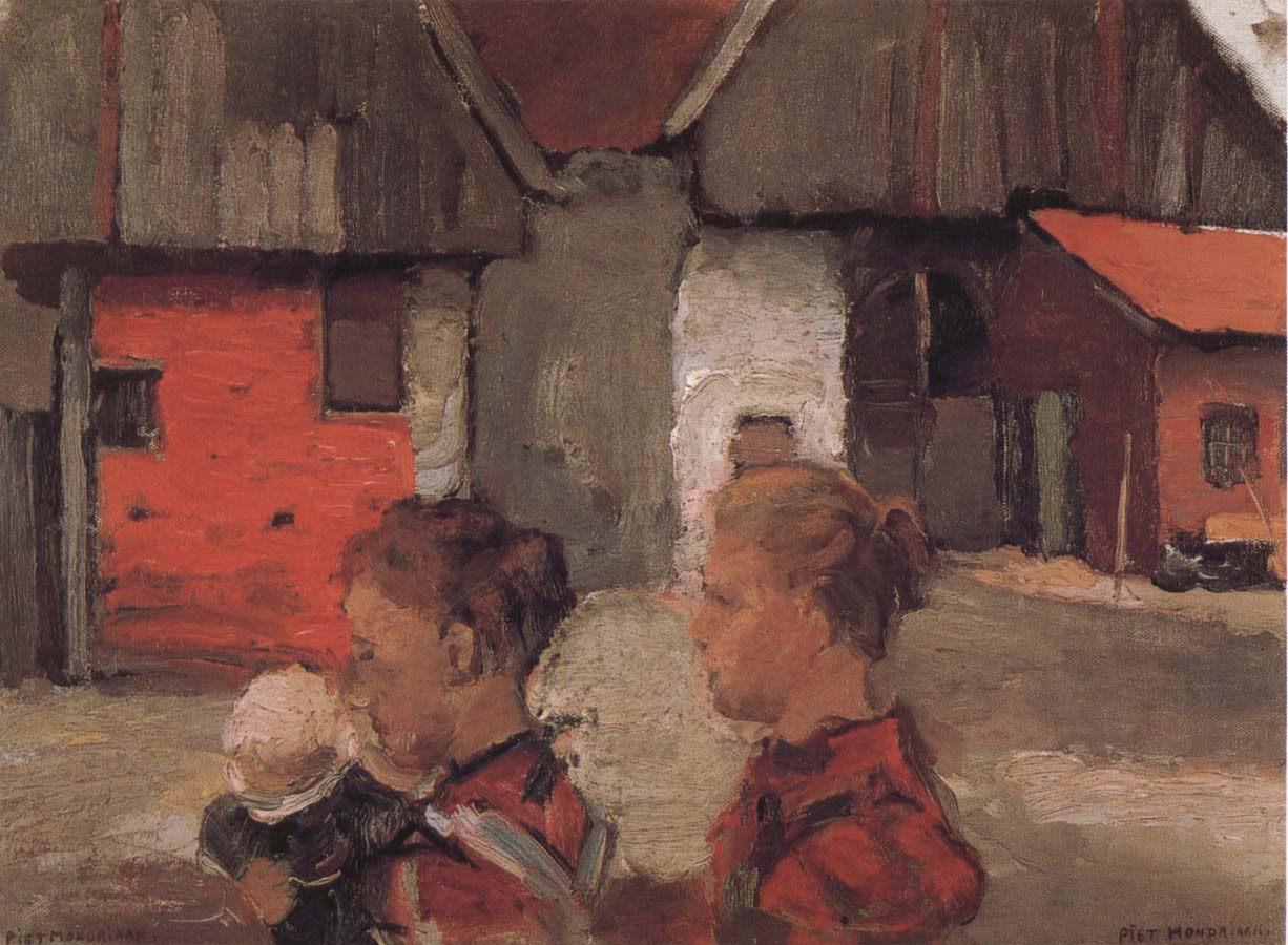 The woman holding the child in front of the farmhouse